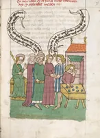 An illustration from 'Heidelberger Bilderkatechismus' (Handschrift) ; Biblia pauperum (Blockbuch) ; Totentanz (Blockbuch) u.a. (1455)