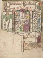 An illustration from 'Heidelberger Bilderkatechismus' (Handschrift) ; Biblia pauperum (Blockbuch) ; Totentanz (Blockbuch) u.a. (1455)