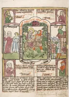 An illustration from 'Heidelberger Bilderkatechismus' (Handschrift) ; Biblia pauperum (Blockbuch) ; Totentanz (Blockbuch) u.a. (1455)