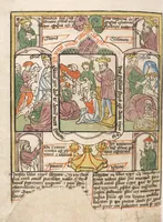 An illustration from 'Heidelberger Bilderkatechismus' (Handschrift) ; Biblia pauperum (Blockbuch) ; Totentanz (Blockbuch) u.a. (1455)