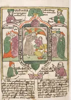 An illustration from 'Heidelberger Bilderkatechismus' (Handschrift) ; Biblia pauperum (Blockbuch) ; Totentanz (Blockbuch) u.a. (1455)