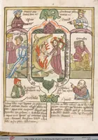 An illustration from 'Heidelberger Bilderkatechismus' (Handschrift) ; Biblia pauperum (Blockbuch) ; Totentanz (Blockbuch) u.a. (1455)