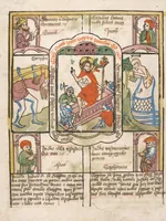 An illustration from 'Heidelberger Bilderkatechismus' (Handschrift) ; Biblia pauperum (Blockbuch) ; Totentanz (Blockbuch) u.a. (1455)