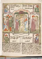An illustration from 'Heidelberger Bilderkatechismus' (Handschrift) ; Biblia pauperum (Blockbuch) ; Totentanz (Blockbuch) u.a. (1455)