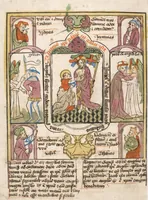 An illustration from 'Heidelberger Bilderkatechismus' (Handschrift) ; Biblia pauperum (Blockbuch) ; Totentanz (Blockbuch) u.a. (1455)