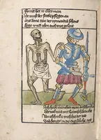 An illustration from 'Heidelberger Bilderkatechismus' (Handschrift) ; Biblia pauperum (Blockbuch) ; Totentanz (Blockbuch) u.a. (1455)