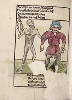 An illustration from 'Heidelberger Bilderkatechismus' (Handschrift) ; Biblia pauperum (Blockbuch) ; Totentanz (Blockbuch) u.a. (1455)
