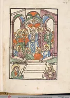 An illustration from 'Heidelberger Bilderkatechismus' (Handschrift) ; Biblia pauperum (Blockbuch) ; Totentanz (Blockbuch) u.a. (1455)