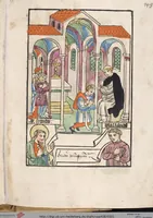 An illustration from 'Heidelberger Bilderkatechismus' (Handschrift) ; Biblia pauperum (Blockbuch) ; Totentanz (Blockbuch) u.a. (1455)