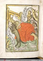 An illustration from 'Heidelberger Bilderkatechismus' (Handschrift) ; Biblia pauperum (Blockbuch) ; Totentanz (Blockbuch) u.a. (1455)