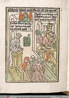An illustration from 'Heidelberger Bilderkatechismus' (Handschrift) ; Biblia pauperum (Blockbuch) ; Totentanz (Blockbuch) u.a. (1455)