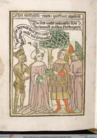 An illustration from 'Heidelberger Bilderkatechismus' (Handschrift) ; Biblia pauperum (Blockbuch) ; Totentanz (Blockbuch) u.a. (1455)