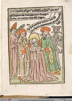 An illustration from 'Heidelberger Bilderkatechismus' (Handschrift) ; Biblia pauperum (Blockbuch) ; Totentanz (Blockbuch) u.a. (1455)