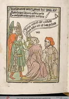 An illustration from 'Heidelberger Bilderkatechismus' (Handschrift) ; Biblia pauperum (Blockbuch) ; Totentanz (Blockbuch) u.a. (1455)