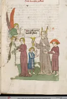 An illustration from 'Heidelberger Bilderkatechismus' (Handschrift) ; Biblia pauperum (Blockbuch) ; Totentanz (Blockbuch) u.a. (1455)