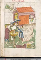 An illustration from 'Heidelberger Bilderkatechismus' (Handschrift) ; Biblia pauperum (Blockbuch) ; Totentanz (Blockbuch) u.a. (1455)