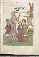 An illustration from 'Heidelberger Bilderkatechismus' (Handschrift) ; Biblia pauperum (Blockbuch) ; Totentanz (Blockbuch) u.a. (1455)