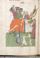 An illustration from 'Heidelberger Bilderkatechismus' (Handschrift) ; Biblia pauperum (Blockbuch) ; Totentanz (Blockbuch) u.a. (1455)