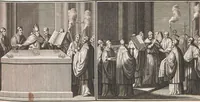 An illustration from Heilige Ceremonien, Gottes und Götzen-Dienste aller Völcker der Welt, Oder Eigentliche Vorstellung und summarischer Begriff, der vornehmsten Gottes-Dienstlichen Pflichten, Kirchen- und Tempel-Gebräuchen, der Christlich- und abgöttischen Völcker der gantzen Welt: Welche Nach des Berühmten Picarts Erfindung in Kupfer gestochen, und verlegt worden (1748)