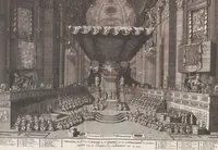 An illustration from Heilige Ceremonien, Gottes und Götzen-Dienste aller Völcker der Welt, Oder Eigentliche Vorstellung und summarischer Begriff, der vornehmsten Gottes-Dienstlichen Pflichten, Kirchen- und Tempel-Gebräuchen, der Christlich- und abgöttischen Völcker der gantzen Welt: Welche Nach des Berühmten Picarts Erfindung in Kupfer gestochen, und verlegt worden (1748)