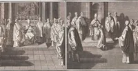 An illustration from Heilige Ceremonien, Gottes und Götzen-Dienste aller Völcker der Welt, Oder Eigentliche Vorstellung und summarischer Begriff, der vornehmsten Gottes-Dienstlichen Pflichten, Kirchen- und Tempel-Gebräuchen, der Christlich- und abgöttischen Völcker der gantzen Welt: Welche Nach des Berühmten Picarts Erfindung in Kupfer gestochen, und verlegt worden (1748)