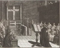 Picture 104 of 312 from Heilige Ceremonien, Gottes und Götzen-Dienste aller Völcker der Welt, Oder Eigentliche Vorstellung und summarischer Begriff, der vornehmsten Gottes-Dienstlichen Pflichten, Kirchen- und Tempel-Gebräuchen, der Christlich- und abgöttischen Völcker der gantzen Welt: Welche Nach des Berühmten Picarts Erfindung in Kupfer gestochen, und verlegt worden (1748), leaf 121