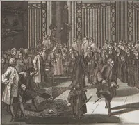 An illustration from Heilige Ceremonien, Gottes und Götzen-Dienste aller Völcker der Welt, Oder Eigentliche Vorstellung und summarischer Begriff, der vornehmsten Gottes-Dienstlichen Pflichten, Kirchen- und Tempel-Gebräuchen, der Christlich- und abgöttischen Völcker der gantzen Welt: Welche Nach des Berühmten Picarts Erfindung in Kupfer gestochen, und verlegt worden (1748)