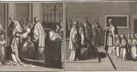 An illustration from Heilige Ceremonien, Gottes und Götzen-Dienste aller Völcker der Welt, Oder Eigentliche Vorstellung und summarischer Begriff, der vornehmsten Gottes-Dienstlichen Pflichten, Kirchen- und Tempel-Gebräuchen, der Christlich- und abgöttischen Völcker der gantzen Welt: Welche Nach des Berühmten Picarts Erfindung in Kupfer gestochen, und verlegt worden (1748)
