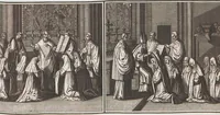 An illustration from Heilige Ceremonien, Gottes und Götzen-Dienste aller Völcker der Welt, Oder Eigentliche Vorstellung und summarischer Begriff, der vornehmsten Gottes-Dienstlichen Pflichten, Kirchen- und Tempel-Gebräuchen, der Christlich- und abgöttischen Völcker der gantzen Welt: Welche Nach des Berühmten Picarts Erfindung in Kupfer gestochen, und verlegt worden (1748)