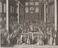 An illustration from Heilige Ceremonien, Gottes und Götzen-Dienste aller Völcker der Welt, Oder Eigentliche Vorstellung und summarischer Begriff, der vornehmsten Gottes-Dienstlichen Pflichten, Kirchen- und Tempel-Gebräuchen, der Christlich- und abgöttischen Völcker der gantzen Welt: Welche Nach des Berühmten Picarts Erfindung in Kupfer gestochen, und verlegt worden (1748)