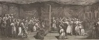 An illustration from Heilige Ceremonien, Gottes und Götzen-Dienste aller Völcker der Welt, Oder Eigentliche Vorstellung und summarischer Begriff, der vornehmsten Gottes-Dienstlichen Pflichten, Kirchen- und Tempel-Gebräuchen, der Christlich- und abgöttischen Völcker der gantzen Welt: Welche Nach des Berühmten Picarts Erfindung in Kupfer gestochen, und verlegt worden (1748)