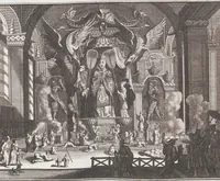 An illustration from Heilige Ceremonien, Gottes und Götzen-Dienste aller Völcker der Welt, Oder Eigentliche Vorstellung und summarischer Begriff, der vornehmsten Gottes-Dienstlichen Pflichten, Kirchen- und Tempel-Gebräuchen, der Christlich- und abgöttischen Völcker der gantzen Welt: Welche Nach des Berühmten Picarts Erfindung in Kupfer gestochen, und verlegt worden (1748)