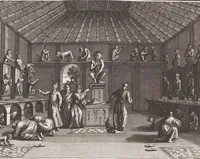 An illustration from Heilige Ceremonien, Gottes und Götzen-Dienste aller Völcker der Welt, Oder Eigentliche Vorstellung und summarischer Begriff, der vornehmsten Gottes-Dienstlichen Pflichten, Kirchen- und Tempel-Gebräuchen, der Christlich- und abgöttischen Völcker der gantzen Welt: Welche Nach des Berühmten Picarts Erfindung in Kupfer gestochen, und verlegt worden (1748)