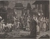 An illustration from Heilige Ceremonien, Gottes und Götzen-Dienste aller Völcker der Welt, Oder Eigentliche Vorstellung und summarischer Begriff, der vornehmsten Gottes-Dienstlichen Pflichten, Kirchen- und Tempel-Gebräuchen, der Christlich- und abgöttischen Völcker der gantzen Welt: Welche Nach des Berühmten Picarts Erfindung in Kupfer gestochen, und verlegt worden (1748)
