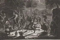An illustration from Heilige Ceremonien, Gottes und Götzen-Dienste aller Völcker der Welt, Oder Eigentliche Vorstellung und summarischer Begriff, der vornehmsten Gottes-Dienstlichen Pflichten, Kirchen- und Tempel-Gebräuchen, der Christlich- und abgöttischen Völcker der gantzen Welt: Welche Nach des Berühmten Picarts Erfindung in Kupfer gestochen, und verlegt worden (1748)