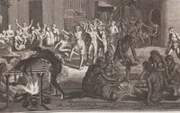 An illustration from Heilige Ceremonien, Gottes und Götzen-Dienste aller Völcker der Welt, Oder Eigentliche Vorstellung und summarischer Begriff, der vornehmsten Gottes-Dienstlichen Pflichten, Kirchen- und Tempel-Gebräuchen, der Christlich- und abgöttischen Völcker der gantzen Welt: Welche Nach des Berühmten Picarts Erfindung in Kupfer gestochen, und verlegt worden (1748)