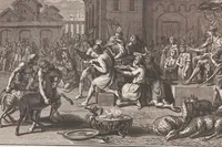 An illustration from Heilige Ceremonien, Gottes und Götzen-Dienste aller Völcker der Welt, Oder Eigentliche Vorstellung und summarischer Begriff, der vornehmsten Gottes-Dienstlichen Pflichten, Kirchen- und Tempel-Gebräuchen, der Christlich- und abgöttischen Völcker der gantzen Welt: Welche Nach des Berühmten Picarts Erfindung in Kupfer gestochen, und verlegt worden (1748)