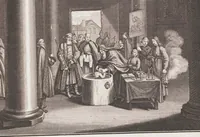 An illustration from Heilige Ceremonien, Gottes und Götzen-Dienste aller Völcker der Welt, Oder Eigentliche Vorstellung und summarischer Begriff, der vornehmsten Gottes-Dienstlichen Pflichten, Kirchen- und Tempel-Gebräuchen, der Christlich- und abgöttischen Völcker der gantzen Welt: Welche Nach des Berühmten Picarts Erfindung in Kupfer gestochen, und verlegt worden (1748)