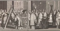 Picture 62 of 312 from Heilige Ceremonien, Gottes und Götzen-Dienste aller Völcker der Welt, Oder Eigentliche Vorstellung und summarischer Begriff, der vornehmsten Gottes-Dienstlichen Pflichten, Kirchen- und Tempel-Gebräuchen, der Christlich- und abgöttischen Völcker der gantzen Welt: Welche Nach des Berühmten Picarts Erfindung in Kupfer gestochen, und verlegt worden (1748), leaf 96