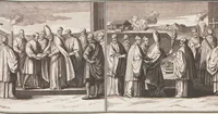 An illustration from Heilige Ceremonien, Gottes und Götzen-Dienste aller Völcker der Welt, Oder Eigentliche Vorstellung und summarischer Begriff, der vornehmsten Gottes-Dienstlichen Pflichten, Kirchen- und Tempel-Gebräuchen, der Christlich- und abgöttischen Völcker der gantzen Welt: Welche Nach des Berühmten Picarts Erfindung in Kupfer gestochen, und verlegt worden (1748)