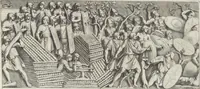 An illustration from Colonna Traiana eretta dal Senato, e popolo romano all'imperatore Traiano Avgvsto nel svo foro in Roma [electronic resource]: scolpita con l'historie della gverra dacica la prima e la seconda espeditione, e vittoria contro il re Decebalo (1673)