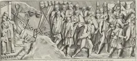 An illustration from Colonna Traiana eretta dal Senato, e popolo romano all'imperatore Traiano Avgvsto nel svo foro in Roma [electronic resource]: scolpita con l'historie della gverra dacica la prima e la seconda espeditione, e vittoria contro il re Decebalo (1673)