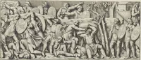 An illustration from Colonna Traiana eretta dal Senato, e popolo romano all'imperatore Traiano Avgvsto nel svo foro in Roma [electronic resource]: scolpita con l'historie della gverra dacica la prima e la seconda espeditione, e vittoria contro il re Decebalo (1673)
