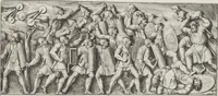 An illustration from Colonna Traiana eretta dal Senato, e popolo romano all'imperatore Traiano Avgvsto nel svo foro in Roma [electronic resource]: scolpita con l'historie della gverra dacica la prima e la seconda espeditione, e vittoria contro il re Decebalo (1673)