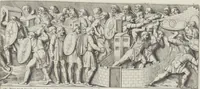 An illustration from Colonna Traiana eretta dal Senato, e popolo romano all'imperatore Traiano Avgvsto nel svo foro in Roma [electronic resource]: scolpita con l'historie della gverra dacica la prima e la seconda espeditione, e vittoria contro il re Decebalo (1673)
