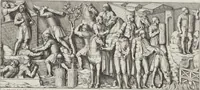 An illustration from Colonna Traiana eretta dal Senato, e popolo romano all'imperatore Traiano Avgvsto nel svo foro in Roma [electronic resource]: scolpita con l'historie della gverra dacica la prima e la seconda espeditione, e vittoria contro il re Decebalo (1673)
