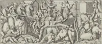 An illustration from Colonna Traiana eretta dal Senato, e popolo romano all'imperatore Traiano Avgvsto nel svo foro in Roma [electronic resource]: scolpita con l'historie della gverra dacica la prima e la seconda espeditione, e vittoria contro il re Decebalo (1673)