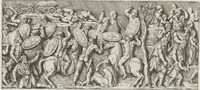 An illustration from Colonna Traiana eretta dal Senato, e popolo romano all'imperatore Traiano Avgvsto nel svo foro in Roma [electronic resource]: scolpita con l'historie della gverra dacica la prima e la seconda espeditione, e vittoria contro il re Decebalo (1673)