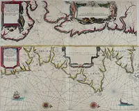 An illustration from Atlas maritimus, or A book of charts : Describeing the sea coasts capes headlands sands shoals rocks and dangers the bayes roads harbors rivers and ports, in most of the knowne parts of the world. With the true courses and distances, from one place to another : Gathered from the latest and best discoveryes, that have bin made by divers able and experienced navigators of our English nation : Accomodated with an hydrographicall description of the whole world (1672)