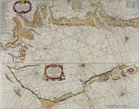 Picture 14 of 40 from Atlas maritimus, or A book of charts : Describeing the sea coasts capes headlands sands shoals rocks and dangers the bayes roads harbors rivers and ports, in most of the knowne parts of the world. With the true courses and distances, from one place to another : Gathered from the latest and best discoveryes, that have bin made by divers able and experienced navigators of our English nation : Accomodated with an hydrographicall description of the whole world (1672), leaf 44